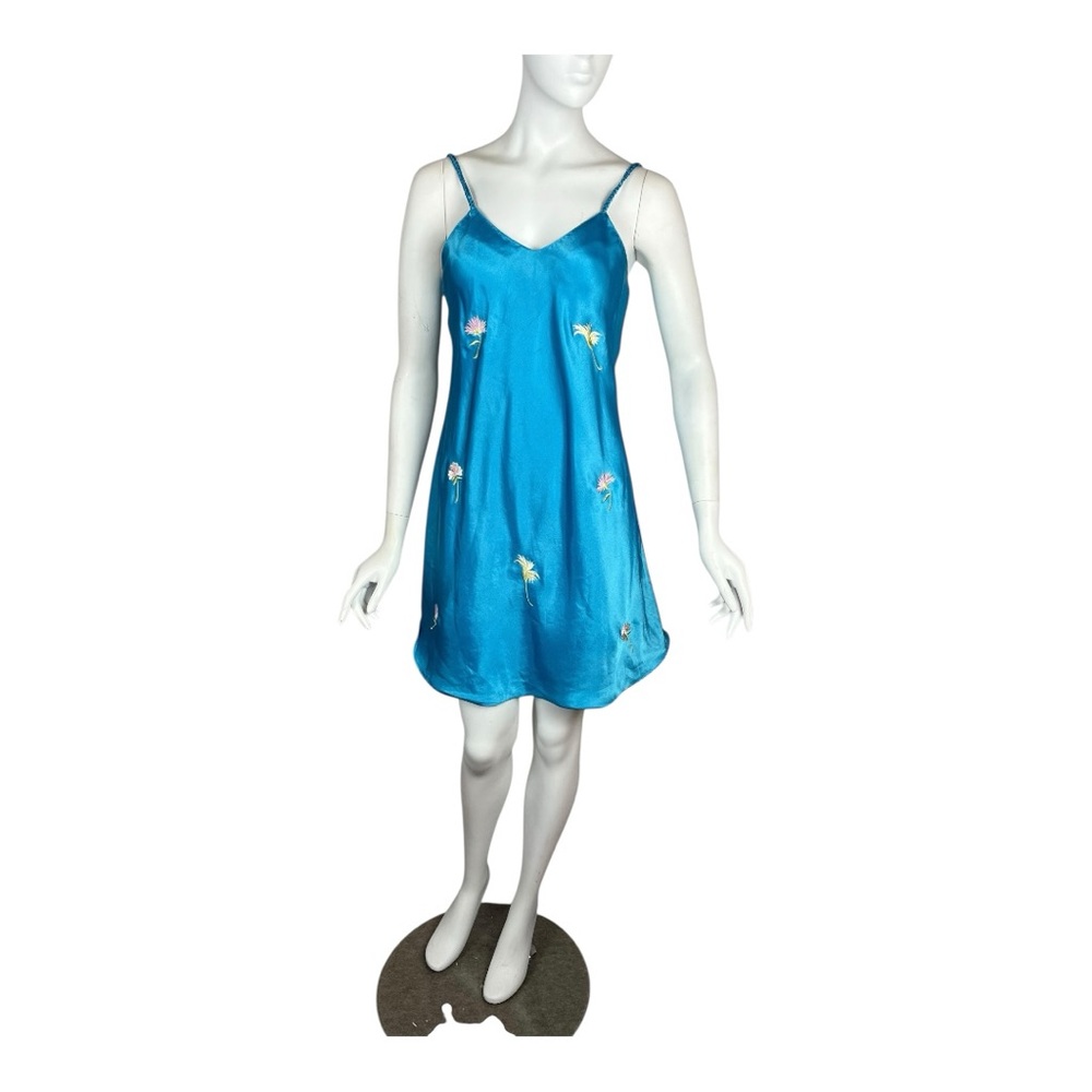 Vintage Slip Dress Turquoise Blue Embroidered Flowers Braided Straps Size Small?